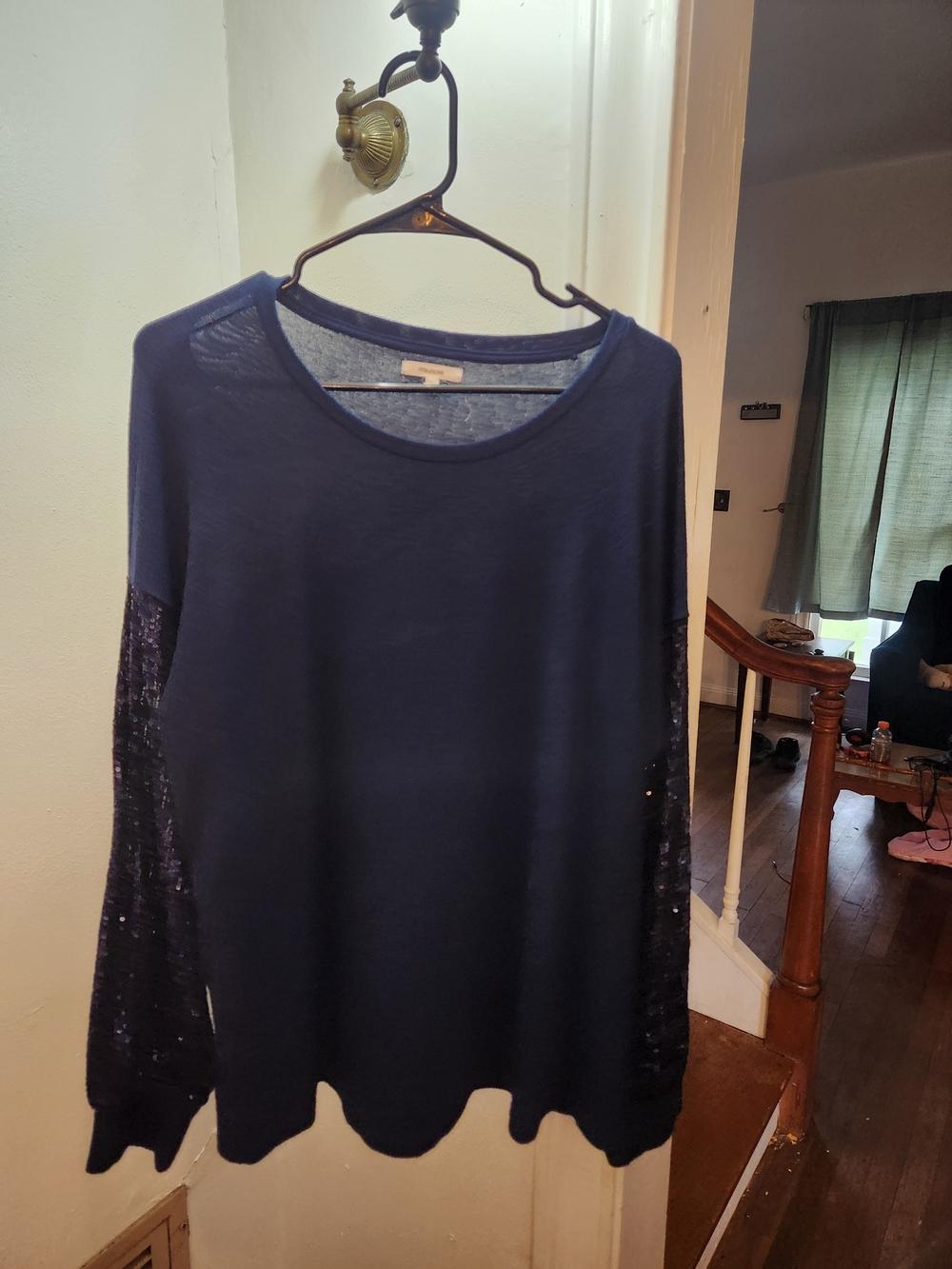 Maurices Navy Crew Neck Sweater with Sequined Sleeves
